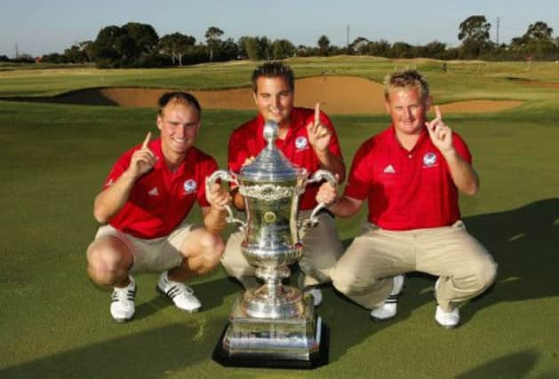 Wallace Booth, left, Gavin Dear, centre, and Callum Macaulay with the Eisenhower Trophy in Adelaide in 2008 . Picture: Getty