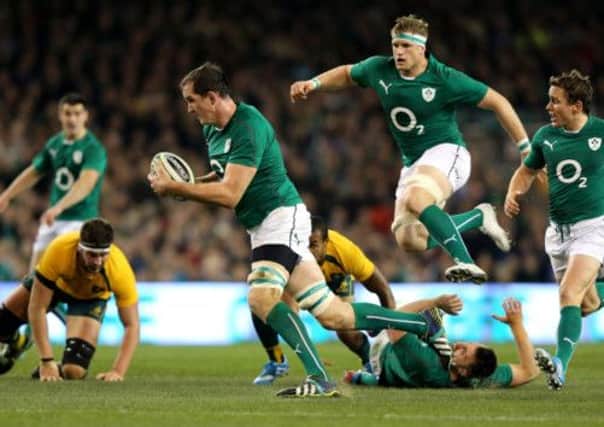 Big chance: Young lock Devin Toner (with ball) will partner Paul O'Conell in the second row. Picture: Getty