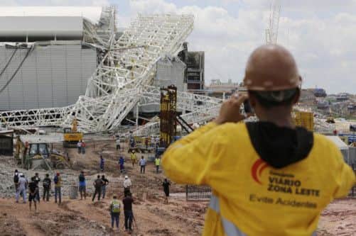 A metal structure on top of the stadium in Sao Paulo collapsed yesterday. Picture: Nelson Antoine/AP