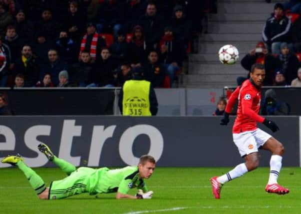 Nani scores Manchester United's  fifth goal against Bayer Leverkusen. Picture: Getty