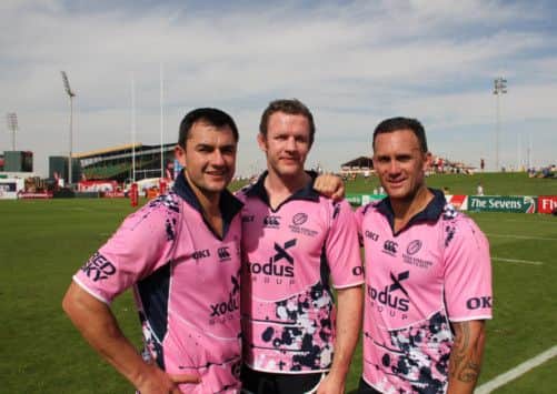 Jason White with fomer All Black Caleb Ralph, right, and former Springbok Thinus Delport, his teammates this week with the Xodus Steelers in Dubai. Picture: Gordon Shepherd