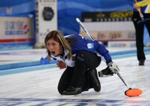 Scotland skip Eve Muirhead shouts to her sweepers in the European Championship final. Picture: Richard Gray/WCF