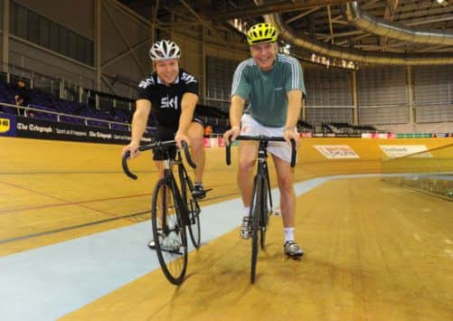Sir Chris and Richard at the velodrome. Picture: Robert Perry