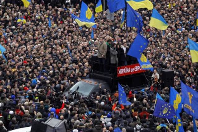 Vitaly Klitschko and other opposition leaders addressed the large and militant crowd in the square. Picture: AP