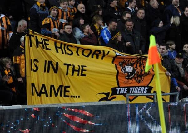 Hull fans protest during their match against Liverpool on Sunday. Picture: PA