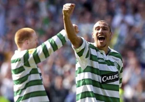 Henrik Larsson and current Celtic manager Neil Lennon celebrate at the end of the 2003 Scottish Cup Final. Picture: Robert Perry