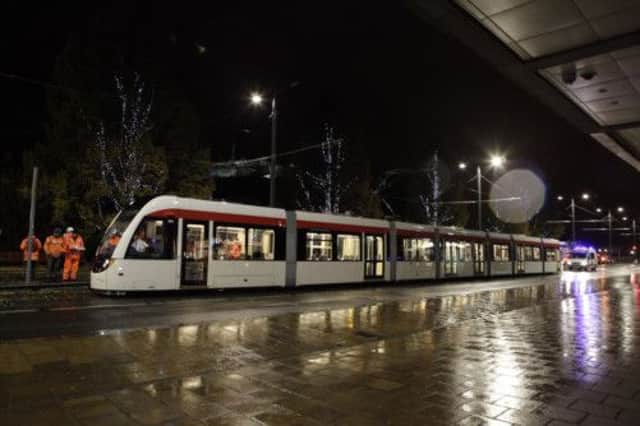 A tram was put through its paces during tests in Edinburgh early this morning. Picture: Toby Williams