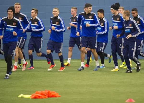 Hearts players were forced to train indoors yesterday because of the bad weather. Picture: SNS