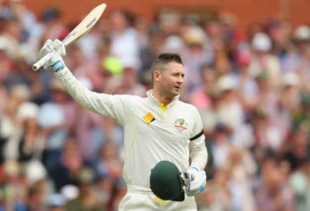 Michael Clarke celebrates his century during day two of the Second Ashes Test.  He made 148 as Australia declared on 570 for 9.  Picture: Getty