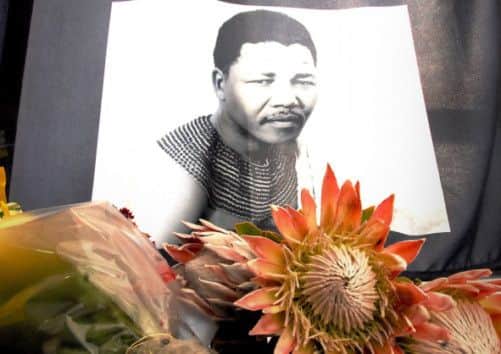 A portrait of a young Nelson Mandela lays alongside a floral tribute in Cape Town, South Africa. Picture: AP