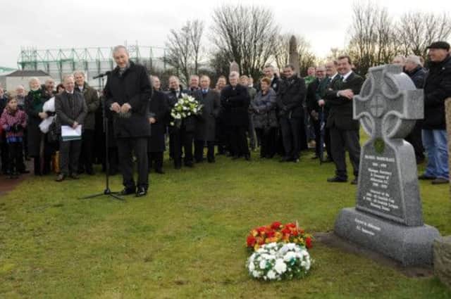 Hibs manager Terry Butcher speaks at the dedication of predecessor Dan McMichaels gravestone.  Picture: Greg Macvean