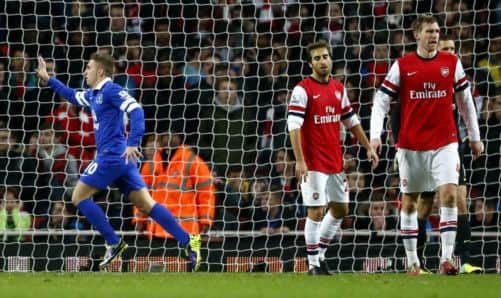 Gerard Deulofeu wheels away to celebrate after his 84th-minute strike. Picture: Reuters