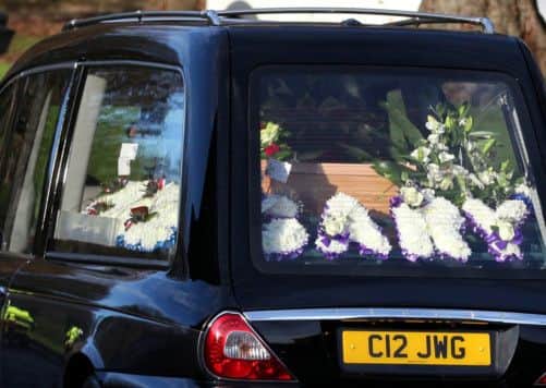 The coffin arrives for the funeral of Gary Arthur at Woodside Crematorium, Paisley, Renfrewshire. Picture: Hemedia