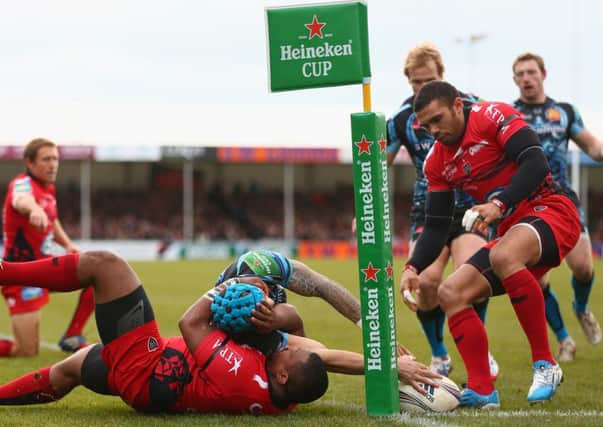 Jack Nowell of Exeter Chiefs fails to score a try as Steffon Armitage challenges. Picture: Getty