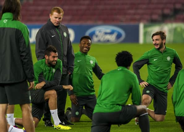 Celtic in relaxed mood in training at the Nou Camp ahead of tonights match. Picture: SNS