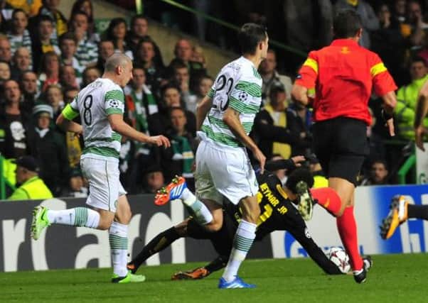 Scott Brown is keen to atone for this kick on Neymar in tonight's game. Picture: Robert Perry