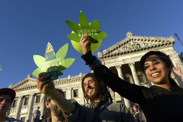 Bluesky thinking from activists outside Congress before the vote to legalise cannabis. Picture: AP