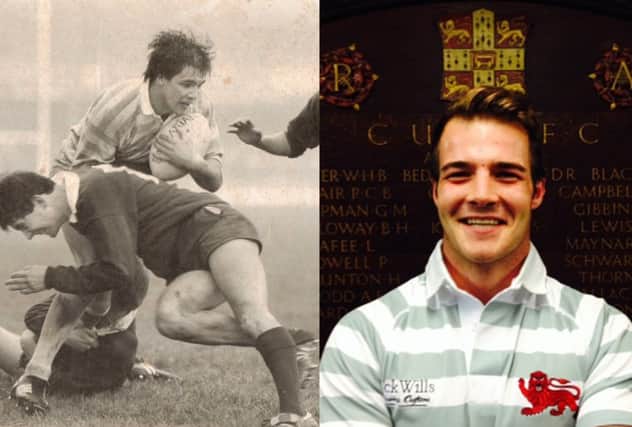 Iain Morrison in 1983 and, right, son Courtenay, who wears the same colours at Twickenham today
