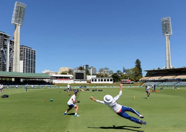 Matt Prior and Joe Root take part in a fielding drill at the WACA. Picture: Getty