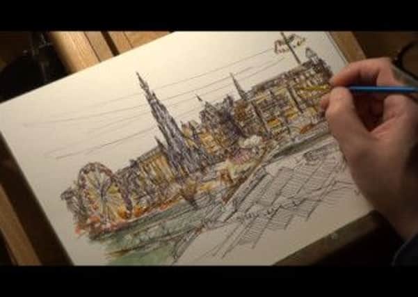 EdinburghSketcher works on his watercolour of Edinburgh. Watch the video below.