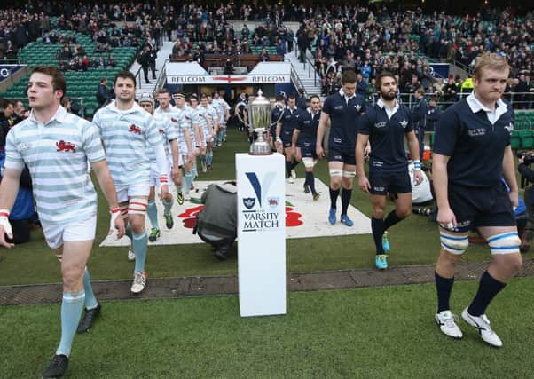 The teams emerge for yesterdays's Varsity match between Oxford and Cambridge at Twickenham Picture: Getty