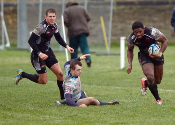 Powerful London Welsh winger Joe Ajuwa leaves the Accies defence sprawling. Picture:  Phil Wilkinson