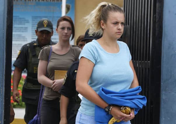 Michaella McCollum Connolly, left, and Melissa Reid arrive at court in Lima. Picture: AFP