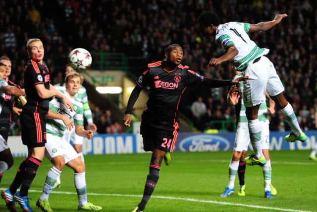Celtic's Efe Ambrose heads for goal during the clash with Ajax in Glasgow. Picture: Ian Rutherford