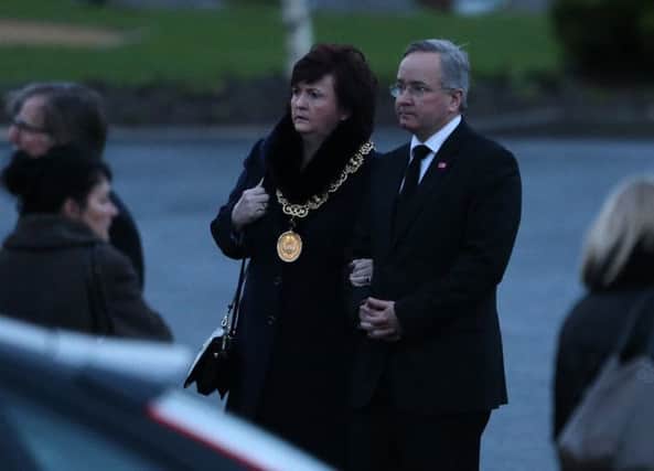 Glasgow Provost Sadie Docherty and council leader Gordon Matheson attend the funeral. Picture: PA