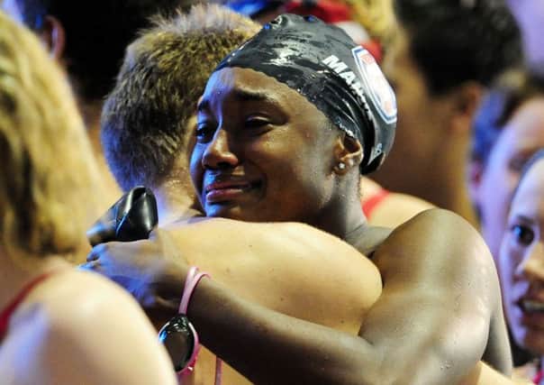 Simone Manuel after she swam the final leg of the 50m individual mixed medley raceoff. Picture: Ian Rutherford