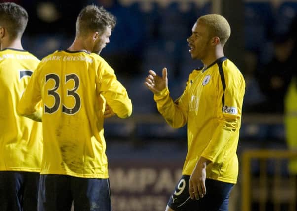 Morton's Rory Loy celebrates with team mate Phil Roberts. Picture: SNS