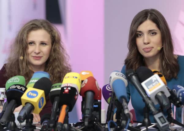 Pussy Riot members Nadezhda Tolokonnikova, right, and Maria Alekhina at a news conference. Picture: AP
