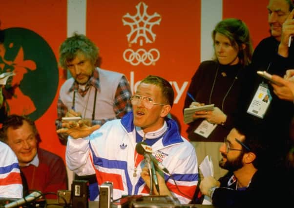 Eddie 'The Eagle' Edwards gives a press conference during the 1988 Winter Olympics. Picture: Getty