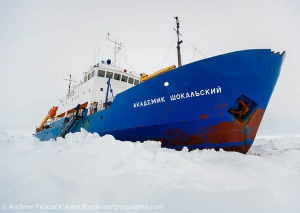 The ship MV Akademik Shokalskiy is trapped in the ice at sea off Antarctica. Picture: Andrew Peacock