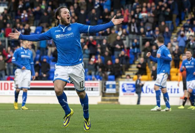 Stevie May roars with delight after scoring his second goal of the game. Picture: SNS