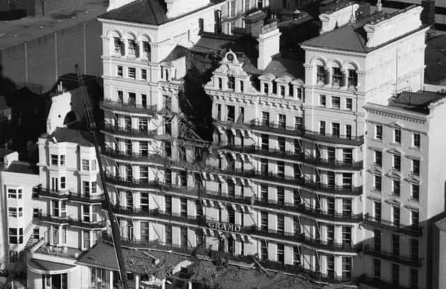 The Grand Hotel in Brighton, with the bomb damage on the upper floors clearly visible. Picture: Getty