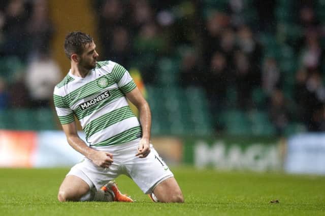 Joe Ledley celebrates scoring against Partick Thistle. Picture: SNS