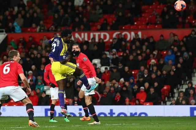 Swanseas Wilfried Bony rises highest to head home the Welsh sides late winner against Manchester United at Old Trafford. Picture: Getty