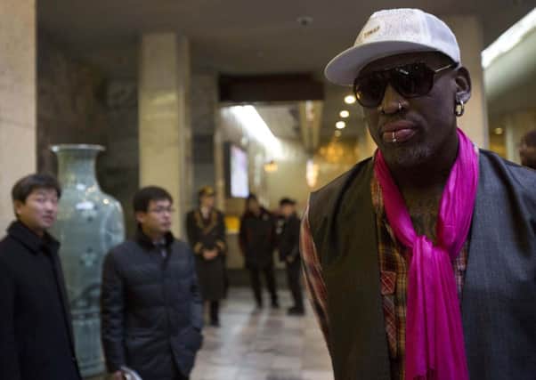 Dennis Rodman arrives at a hotel in Pyongyang, North Korea. Picture: AP