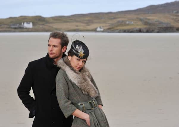 Models pictured wearing Harris Tweed on the island's coastline. Picture: Robert Perry