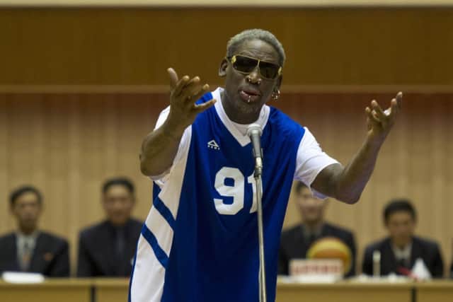Dennis Rodman sings Happy Birthday at Pyongyang Indoor Stadium yesterday. Picture: AP