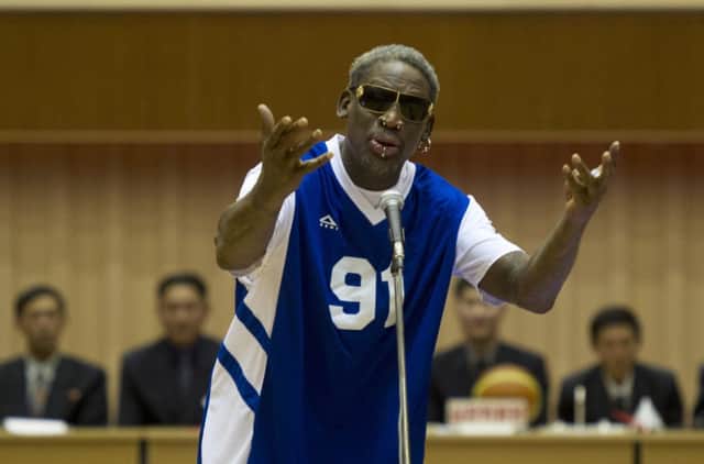 Dennis Rodman sings Happy Birthday at Pyongyang Indoor Stadium yesterday. Picture: AP