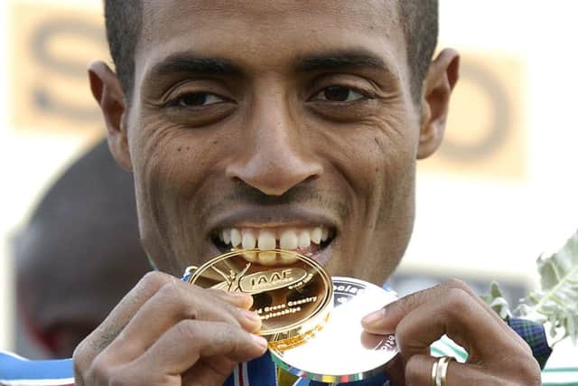 Kenenisa Bekele with his medals from the 2008 World Cross Country at Holyrood Park. Picture: Jane Barlow