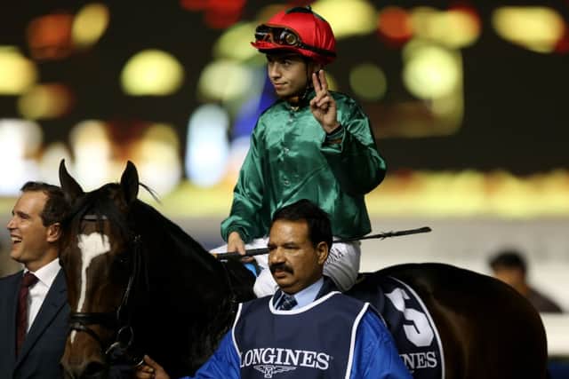 Mickael Barzalona celebrates his win on Fulbright in the Longines Dolce Vita at Meydan. Picture: Getty