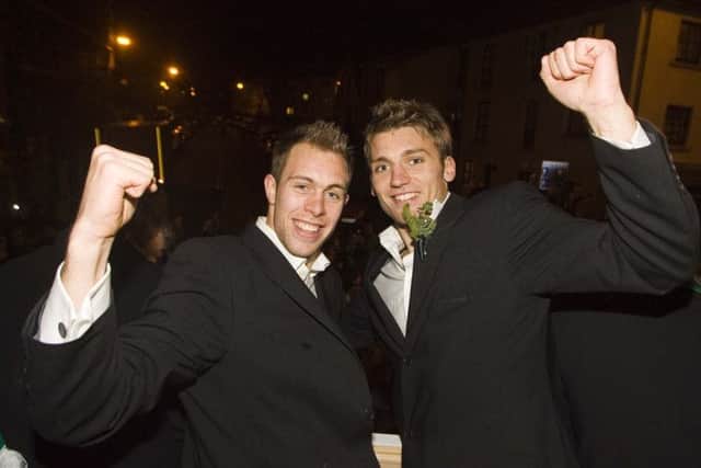 Chris Hogg, right, celebrating the 2007 League Cup win for Hibs. Picture: SNS