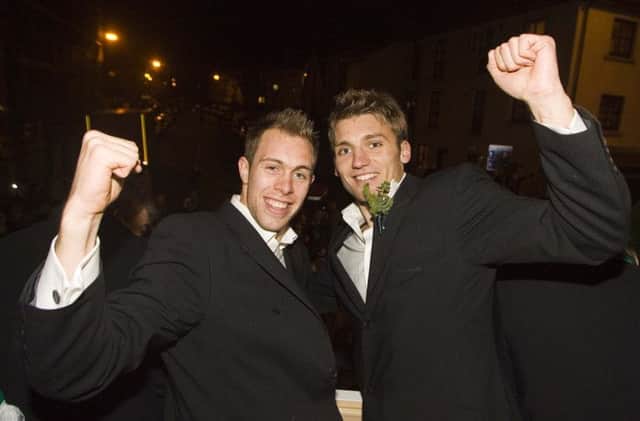Chris Hogg, right, celebrating the 2007 League Cup win for Hibs. Picture: SNS