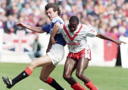 Justin Fashanu (R) in action for Airdrie in 1993. Picture: SNS