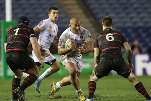 Perpignan's Tongan prop Sona Taumalolo takes on Alasdair Dickinson and Cornell du Preez. Picture: Getty