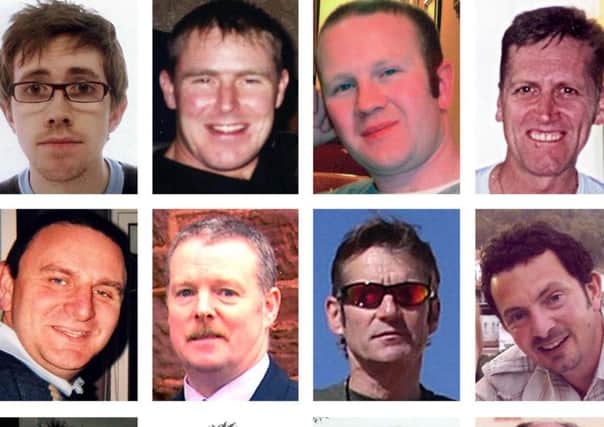 From l-r, top row: James Costello, Vernon Elrick, Brian Barkley, Raymond Doyle, (second row, from left) Warren Mitchell, Gareth Hughes, David Rae, Nairn Ferrier, eight of the 16 who died in a fatal helicopter crash last year. Picture: PA