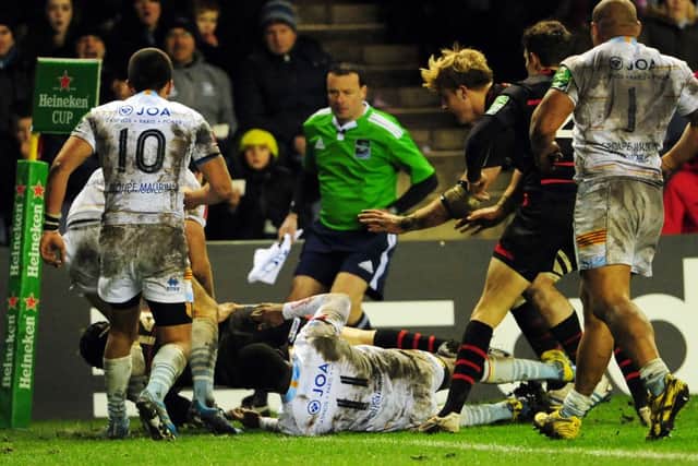 Dougie Fife scores in the corner against Perpignan. Picture: Ian Rutherford